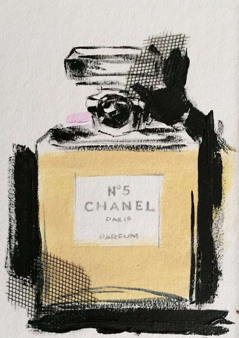 An homage to the iconic Chanel No. 5 perfume. Textured elements add visual interest to this mixed media artwork on board. Delicate detail compliments the black and white contrast with a hint of pink. 
(One from series of four)  

To view more of