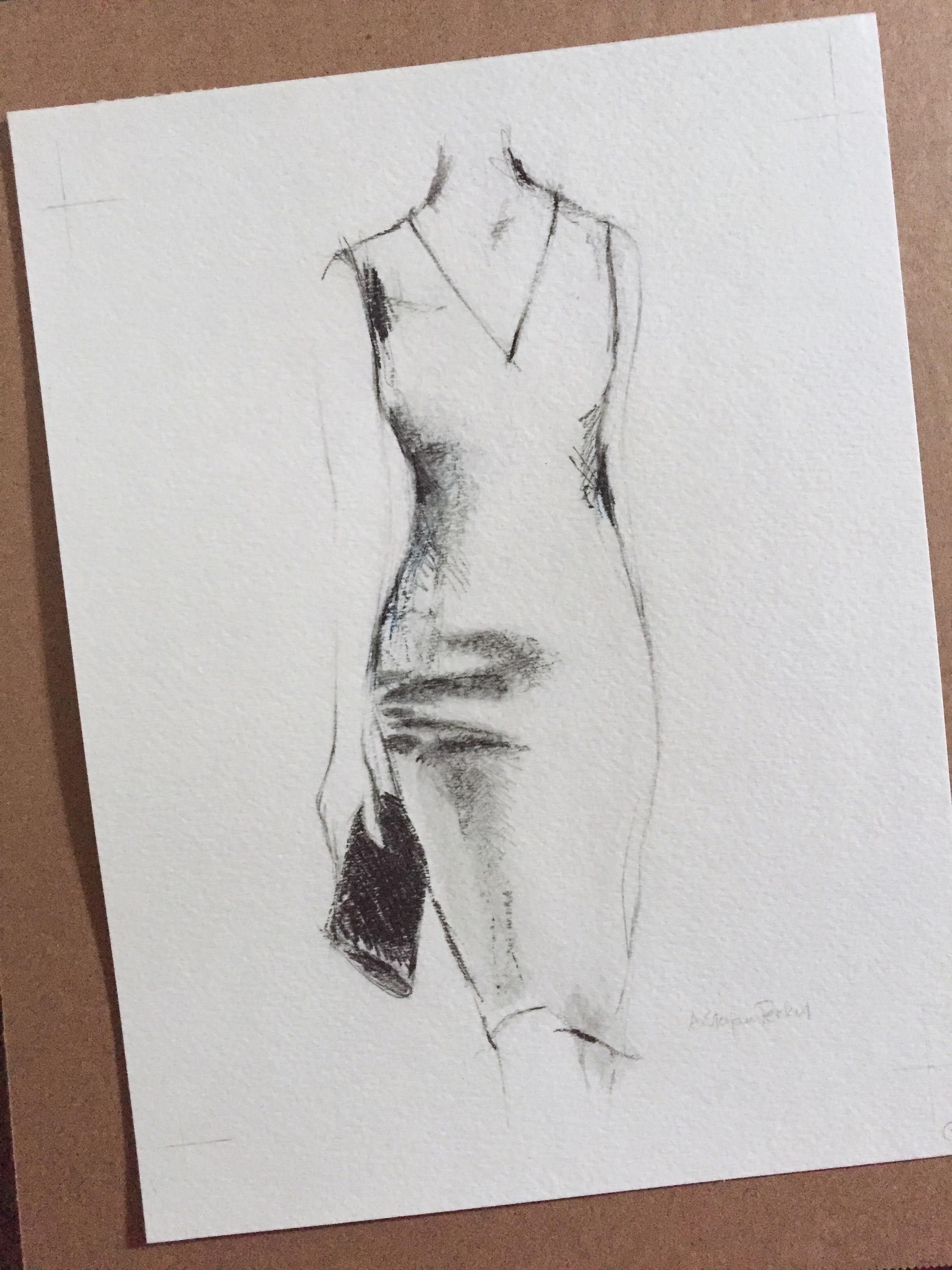 Bag Lady #2, Pencil Drawing On Paper, Fashion, Dress, Black And White   3