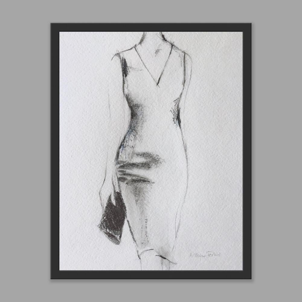 Bag Lady #2, Pencil Drawing On Paper, Fashion, Dress, Black And White   7