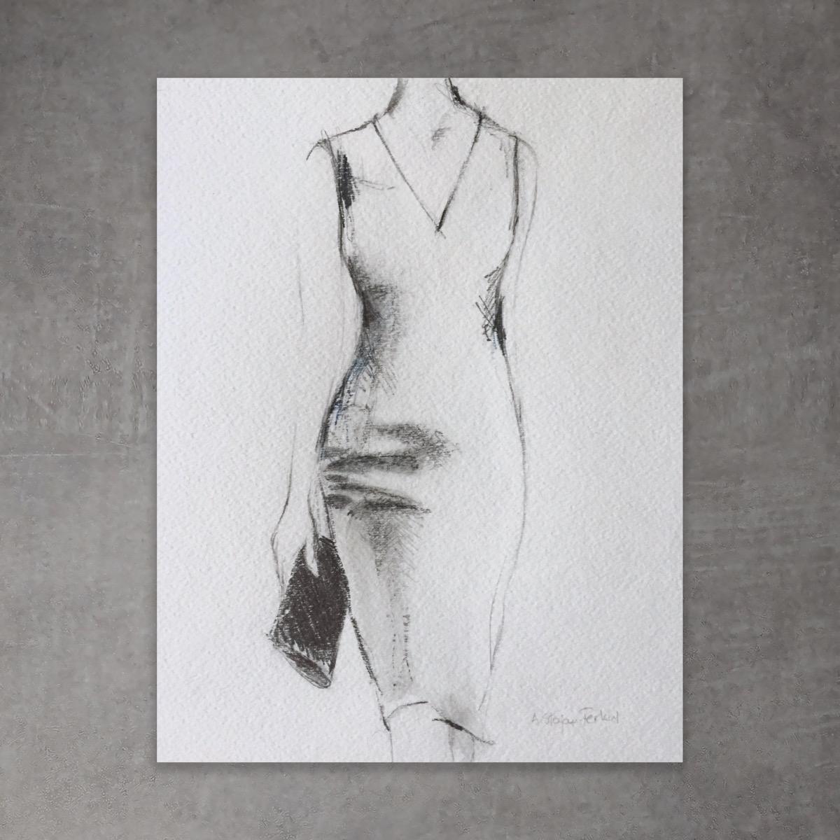Bag Lady #2, Pencil Drawing On Paper, Fashion, Dress, Black And White   5
