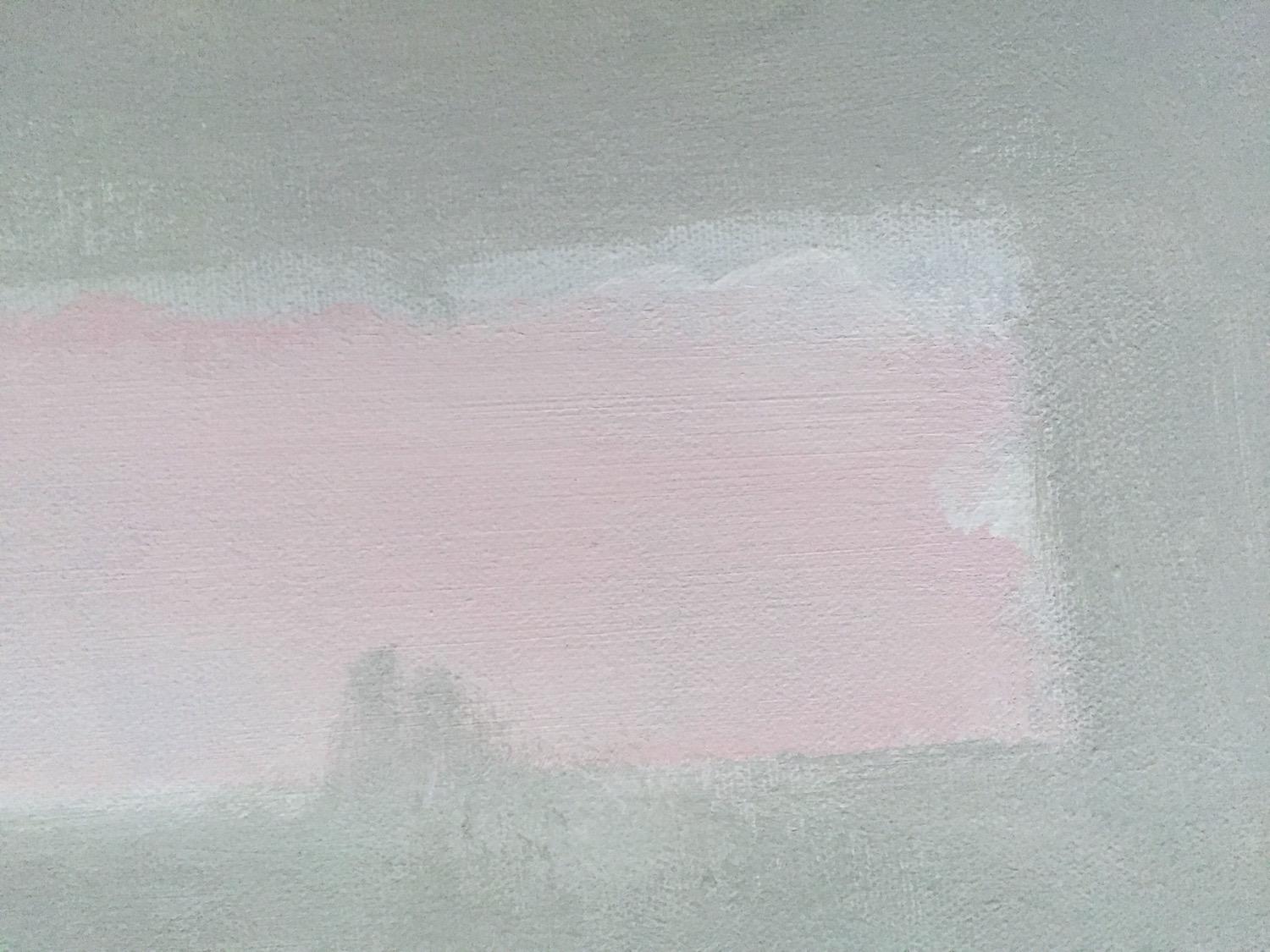 Layers of paint build up this soft grey palette where emphasis is placed on minimal composition. From a distance, the painting explores colour fields and geometric abstraction. Closer up, it's about subtle textures, intuitive mark-making, playful