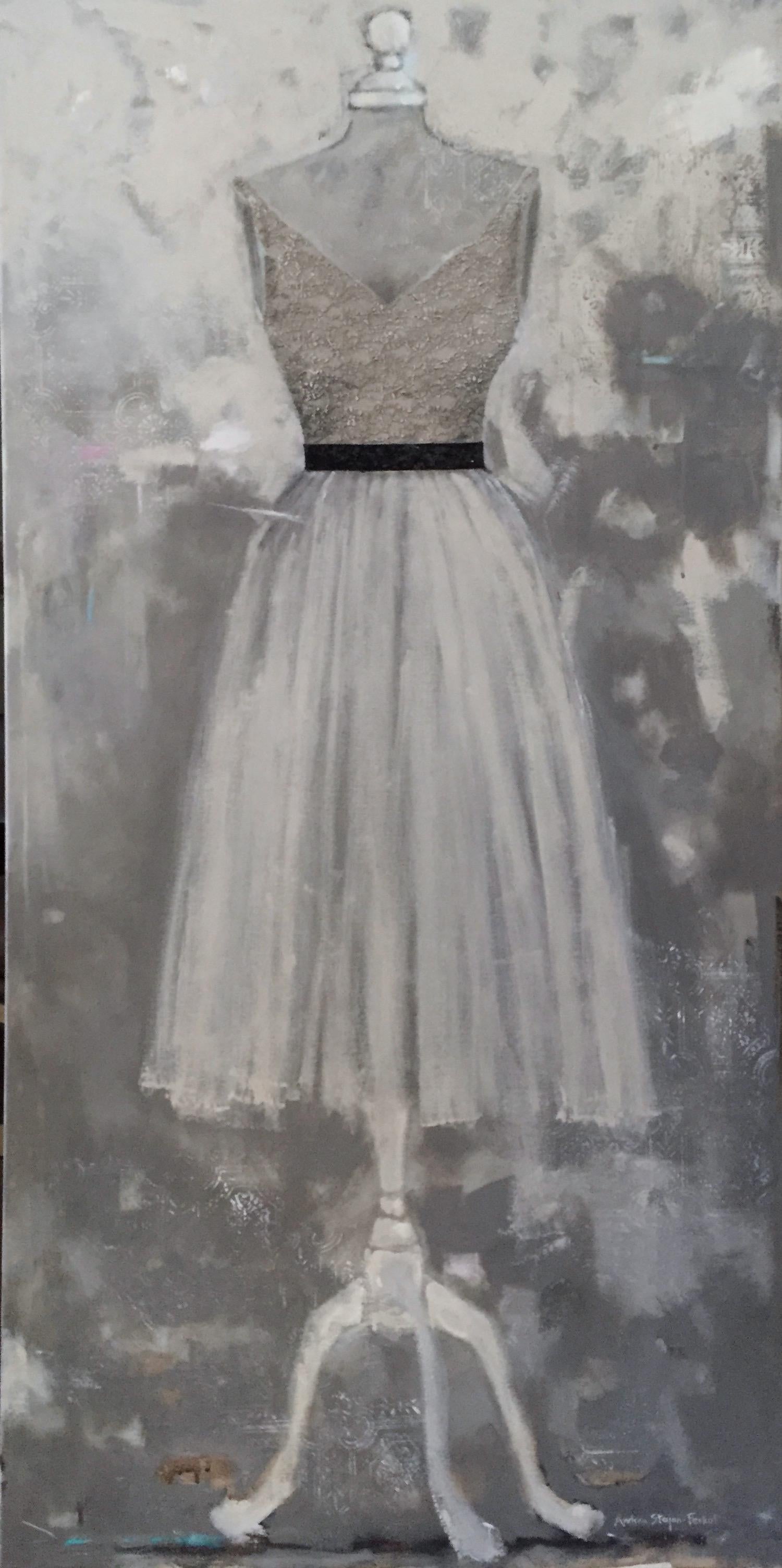 Just Another Tuesday - (30"x60", Neutral, Black, Still Life, Dress Painting) - Art by Andrea Stajan-Ferkul