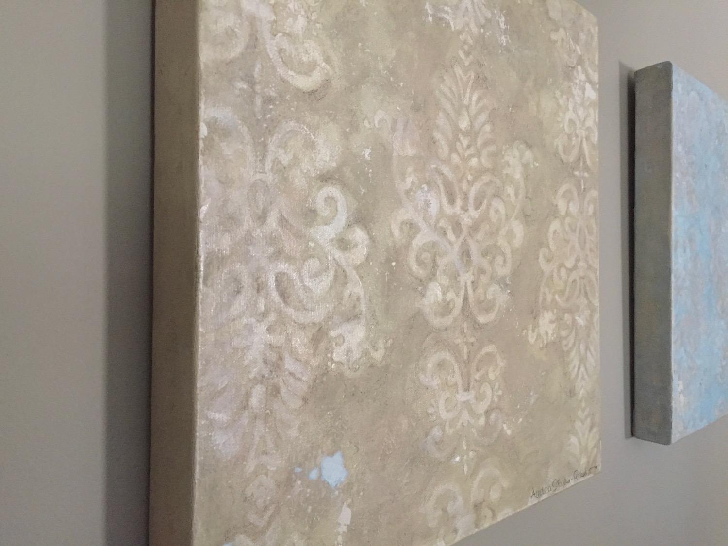Aged Damask (16”x16”, Abstract, Pattern, Geometric, Beige) For Sale 1