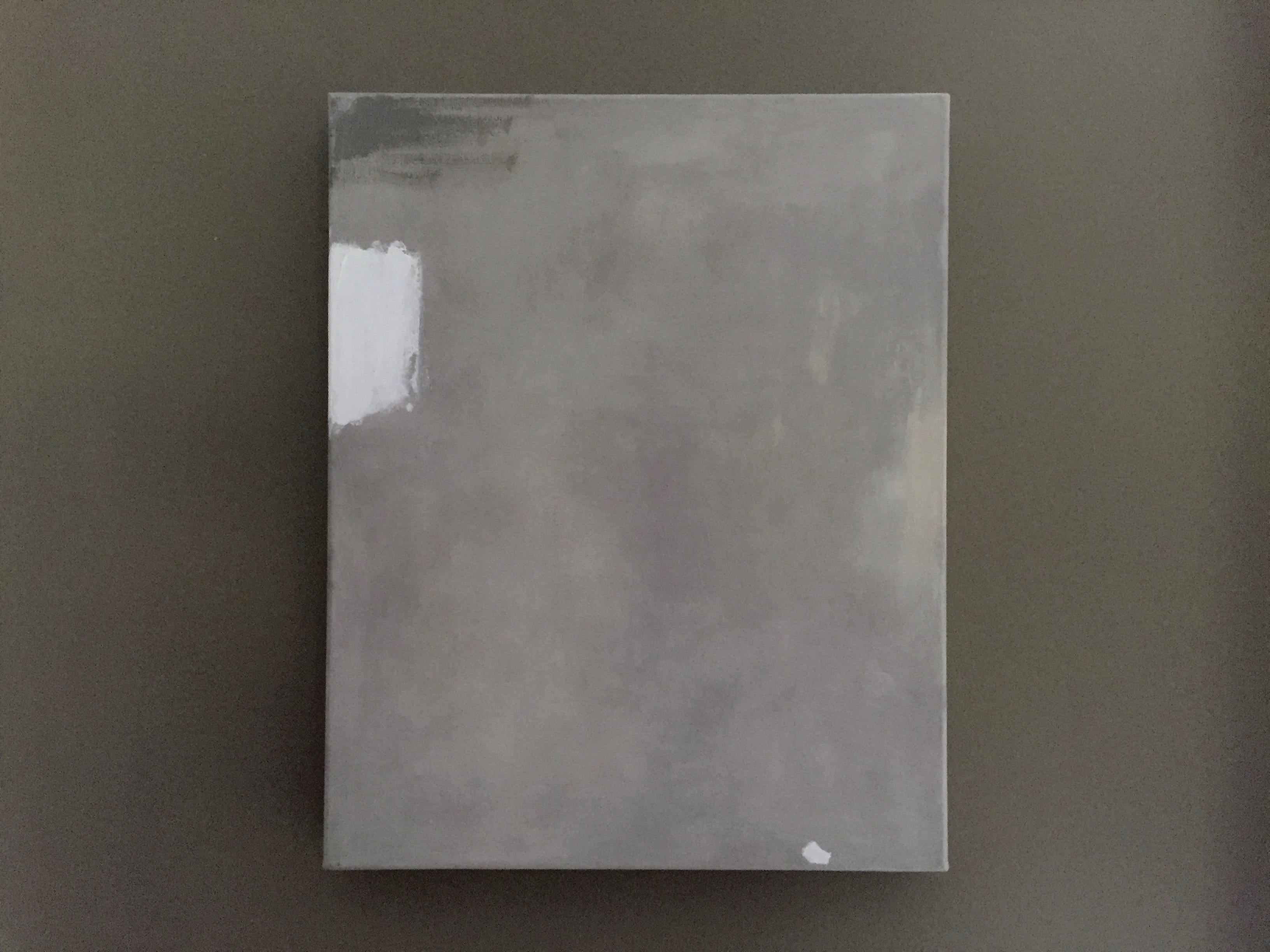 This contemporary minimal abstract painting puts emphasis on simplifying the composition. Tone on tone greys builds up a subtle texture with a single, thick white brush stroke commanding attention. Layers of neutrals move the eye around, making for