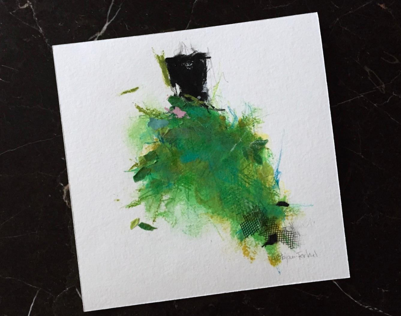 This delicate green and black dress is an artwork on paper blending paint, color pencil and collage elements creating an impressionistic composition. Intuitive mark-making and loose textured detail make for an outcome both expressive and refined.