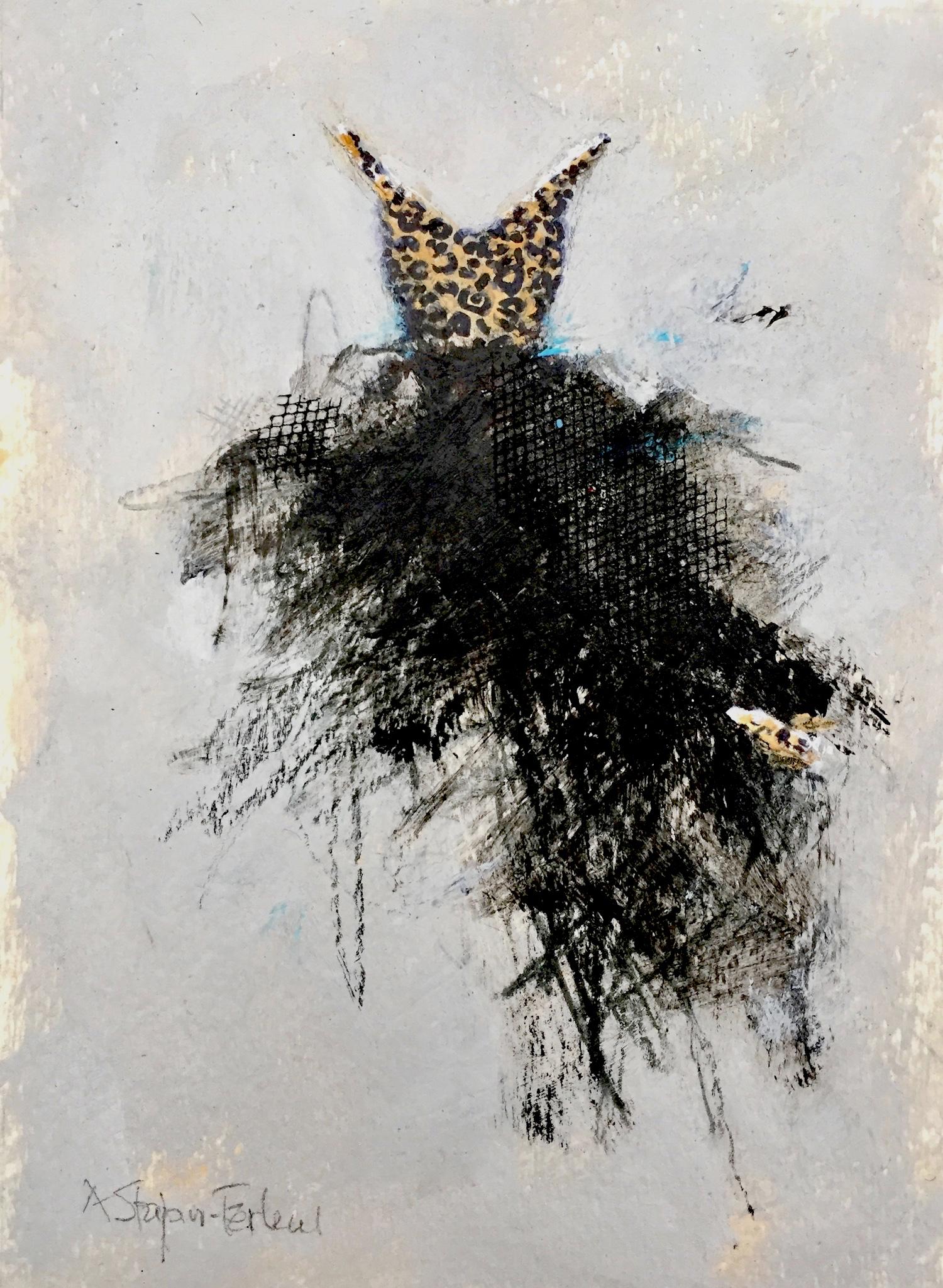 The Dressing Room 3, 5"x7", peinture de robe noire à imprimé léopard, œuvre d'art sur papier