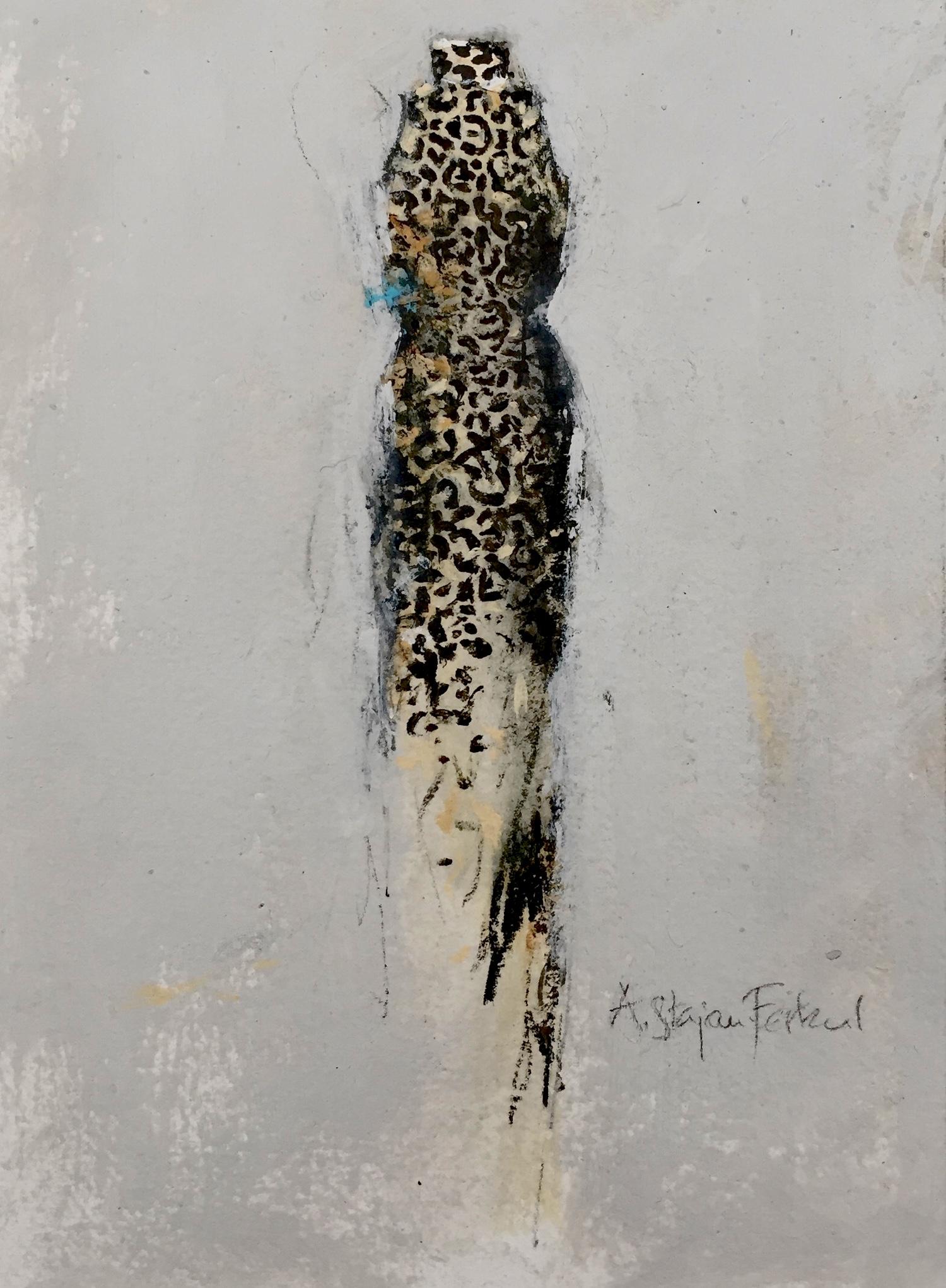 Andrea Stajan-Ferkul Figurative Art - The Dressing Room 4, Artwork On Paper. Leopard Print Dress (Series)