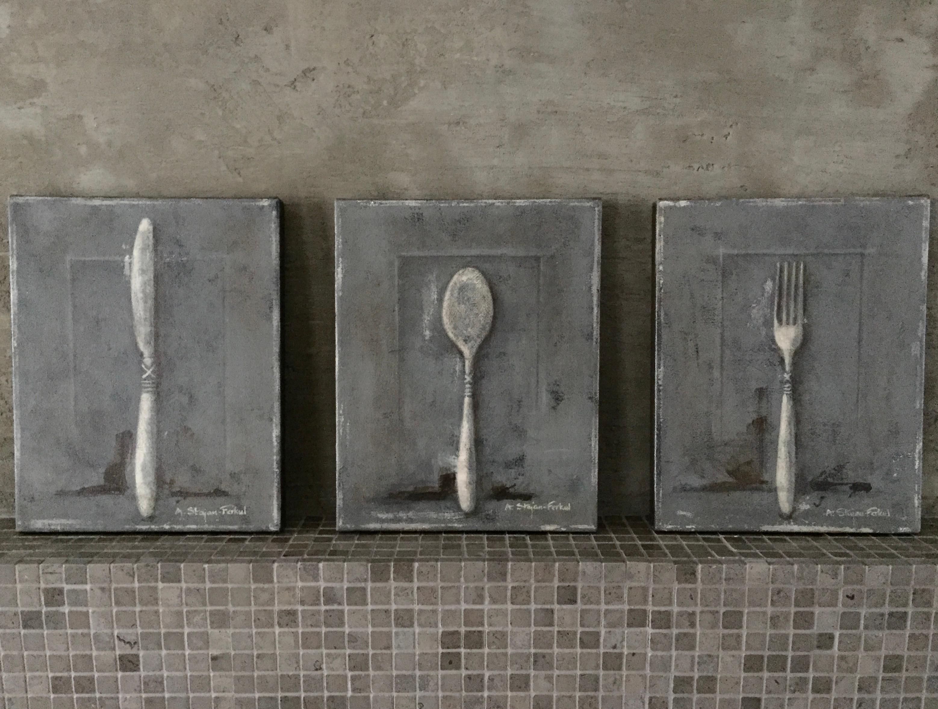 Dining In - 3 Paintings, Still Life, Spoon, Knife, Fork, Grey And Beige Neutrals - Contemporary Art by Andrea Stajan-Ferkul