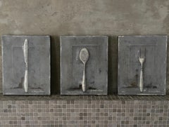 Comedor - 3 Cuadros, Bodegón, Cuchara, Cuchillo, Tenedor, Grises y Beige Neutros