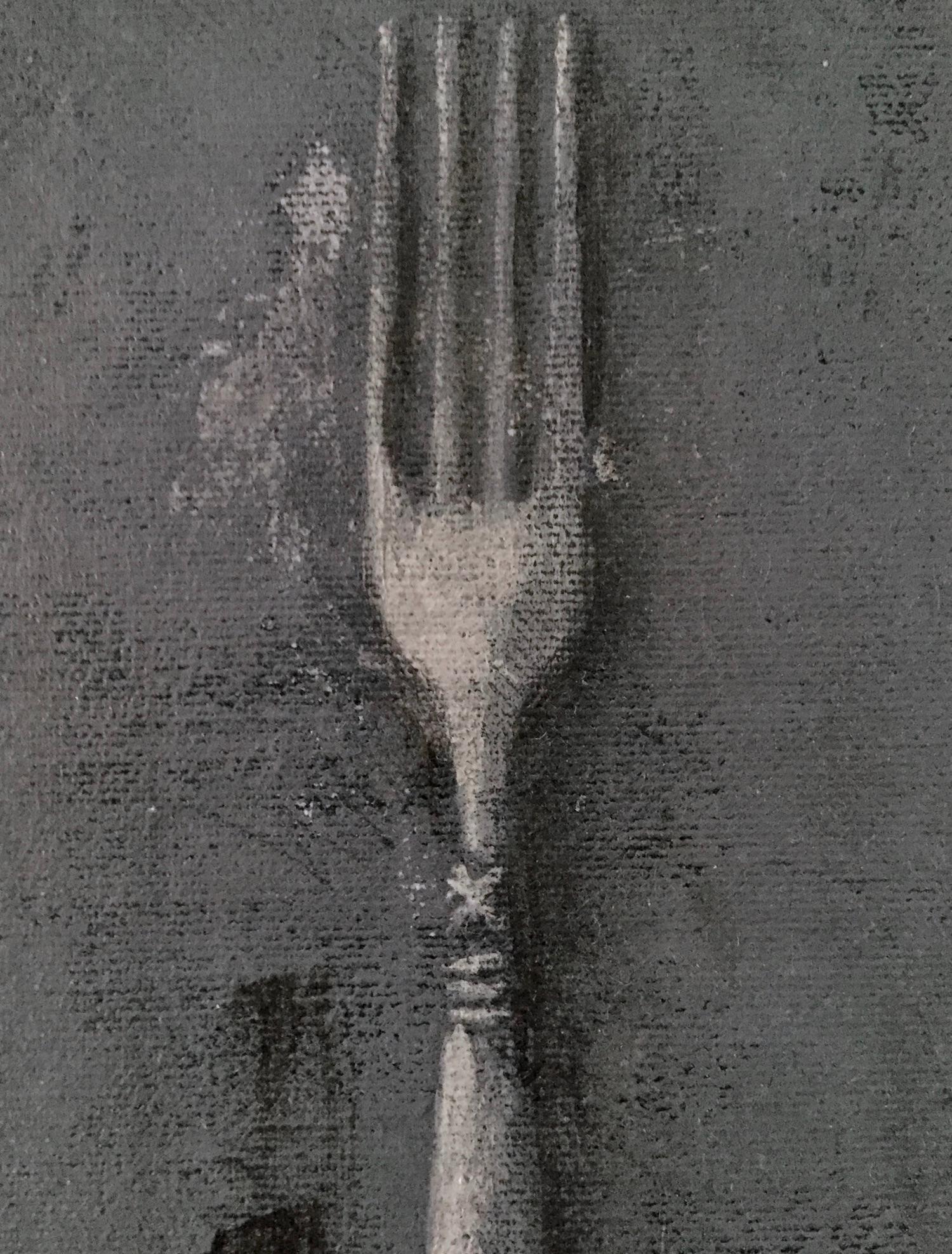 Dining In - 3 Paintings, Still Life, Spoon, Knife, Fork, Grey And Beige Neutrals For Sale 1