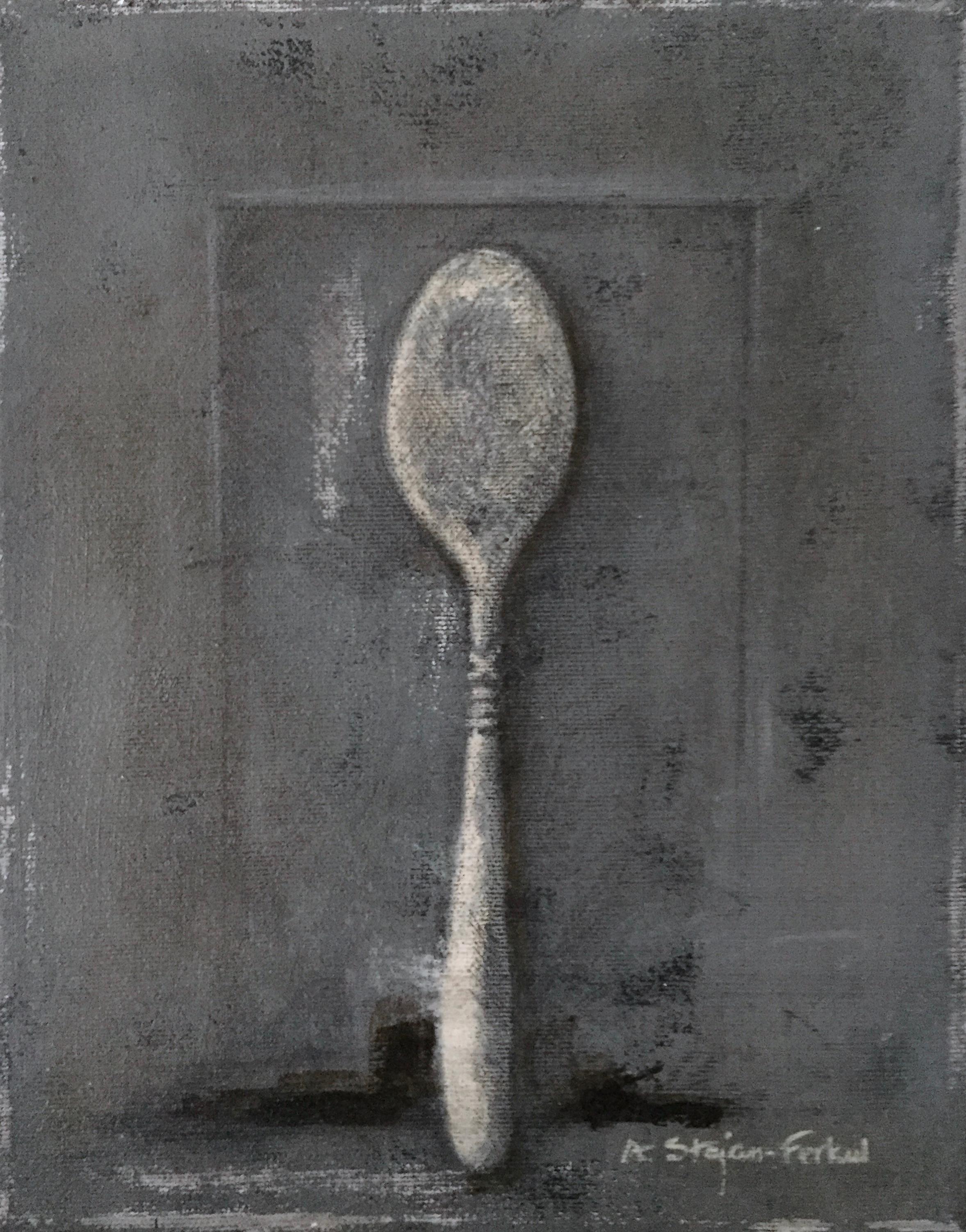 Dining In - 3 Paintings, Still Life, Spoon, Knife, Fork, Grey And Beige Neutrals For Sale 7