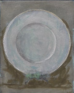Dinner Plate 1 (8"x10", Still Life Painting On Canvas, Muted Green, White)