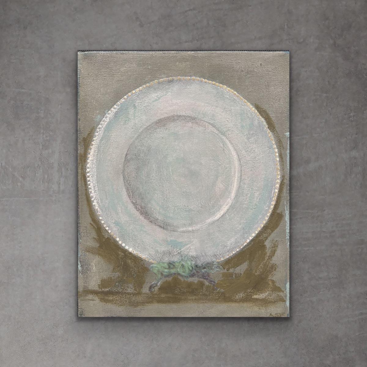 Andrea Stajan-Ferkul Still-Life Painting - Dinner Plate 1 - 8"x10", Still Life Painting, Muted Green, White, Beige