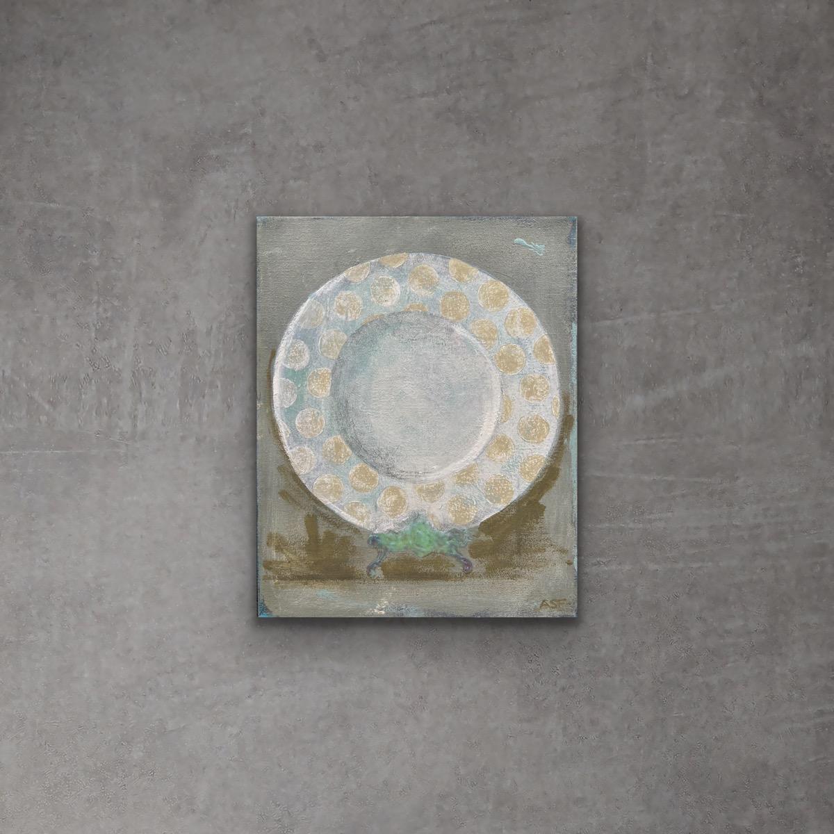 Dinner Plate 2 - 8"x10", Still Life Painting, Muted Green, White, Beige  - Art by Andrea Stajan-Ferkul