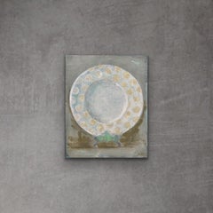 Dinner Plate 2 - 8"x10", Still Life Painting, Muted Green, White, Beige 