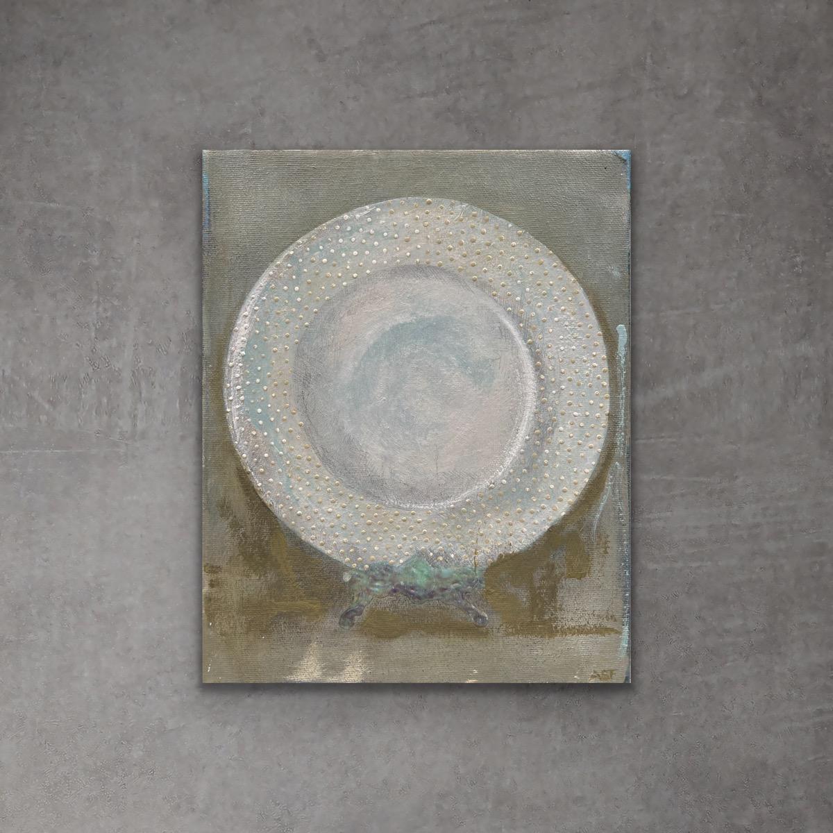 Dinner Plate 3 - 8"x10", Still Life Painting, Neutral, White, Muted Green