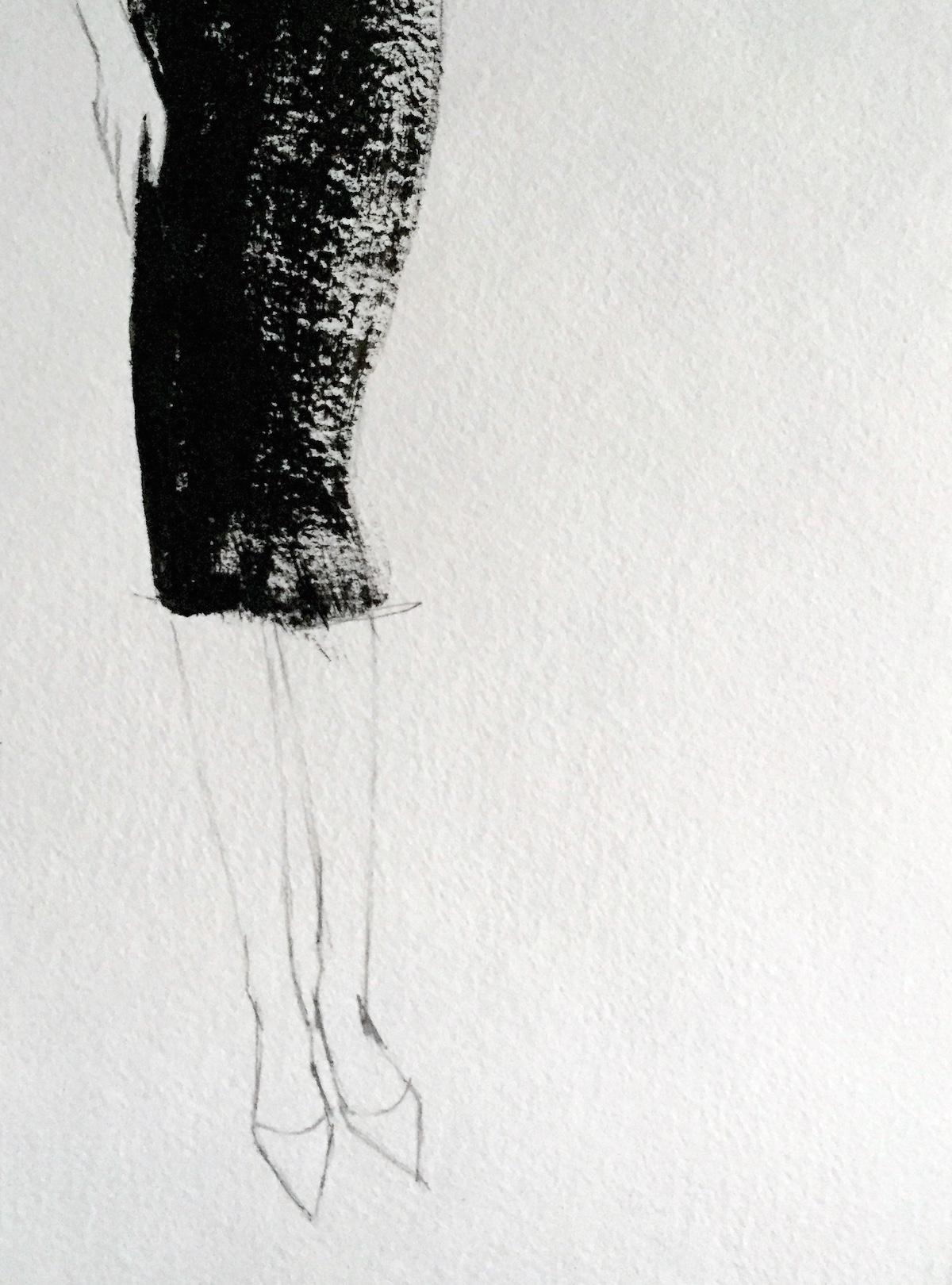 Esta obra de arte original sobre papel muestra la clásica falda lápiz negra, un básico de moda por excelencia. Utilizando pintura y lápiz, se hace hincapié deliberadamente en la simplificación de la línea y la composición. Una forma perfecta de