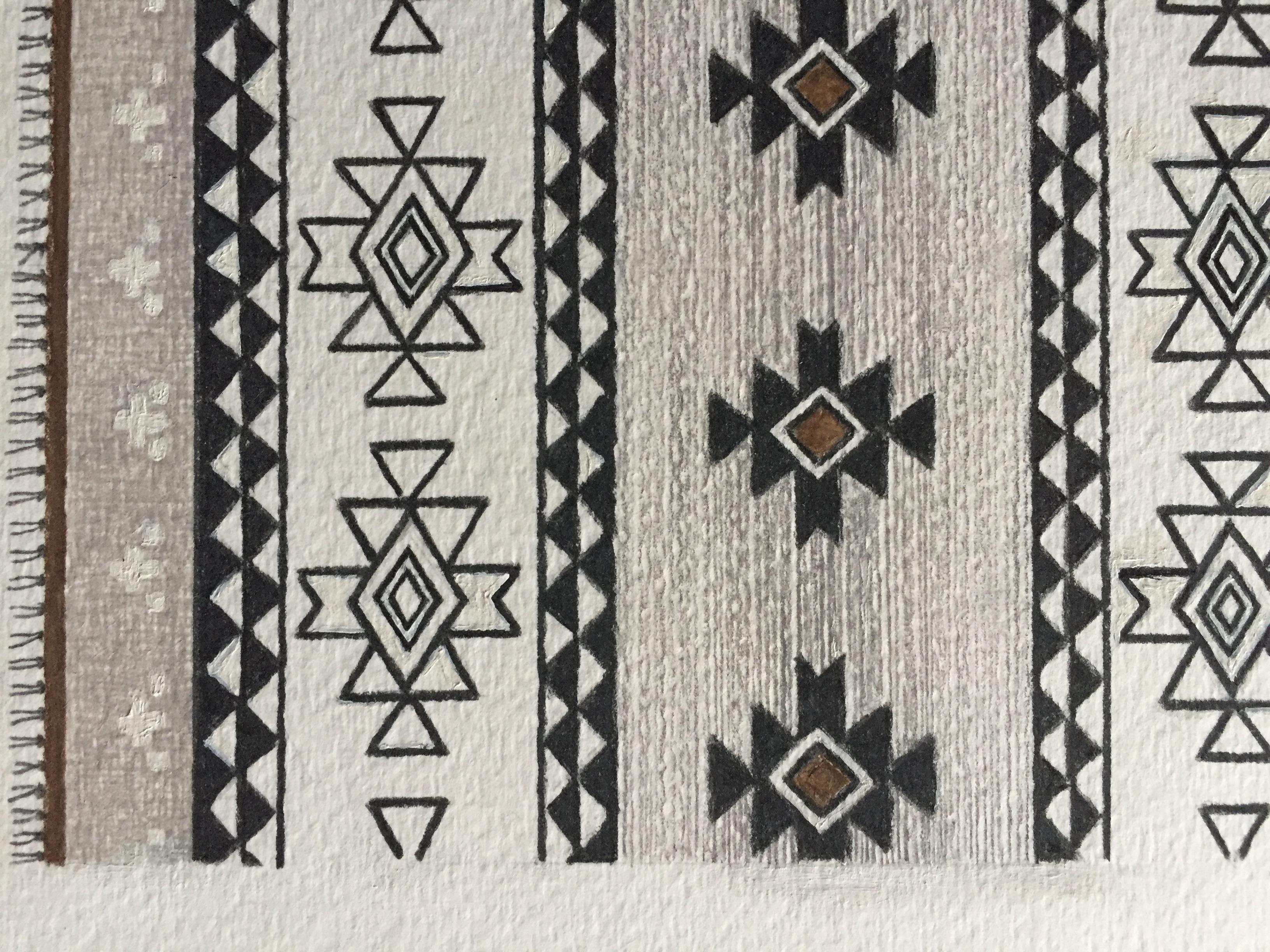 This detailed artwork on paper puts emphasis on design and composition. A Navajo inspired rug motif is created using traditional design elements with a contemporary outcome. Symmetry and geometric patterns represent balance, harmony, beauty and