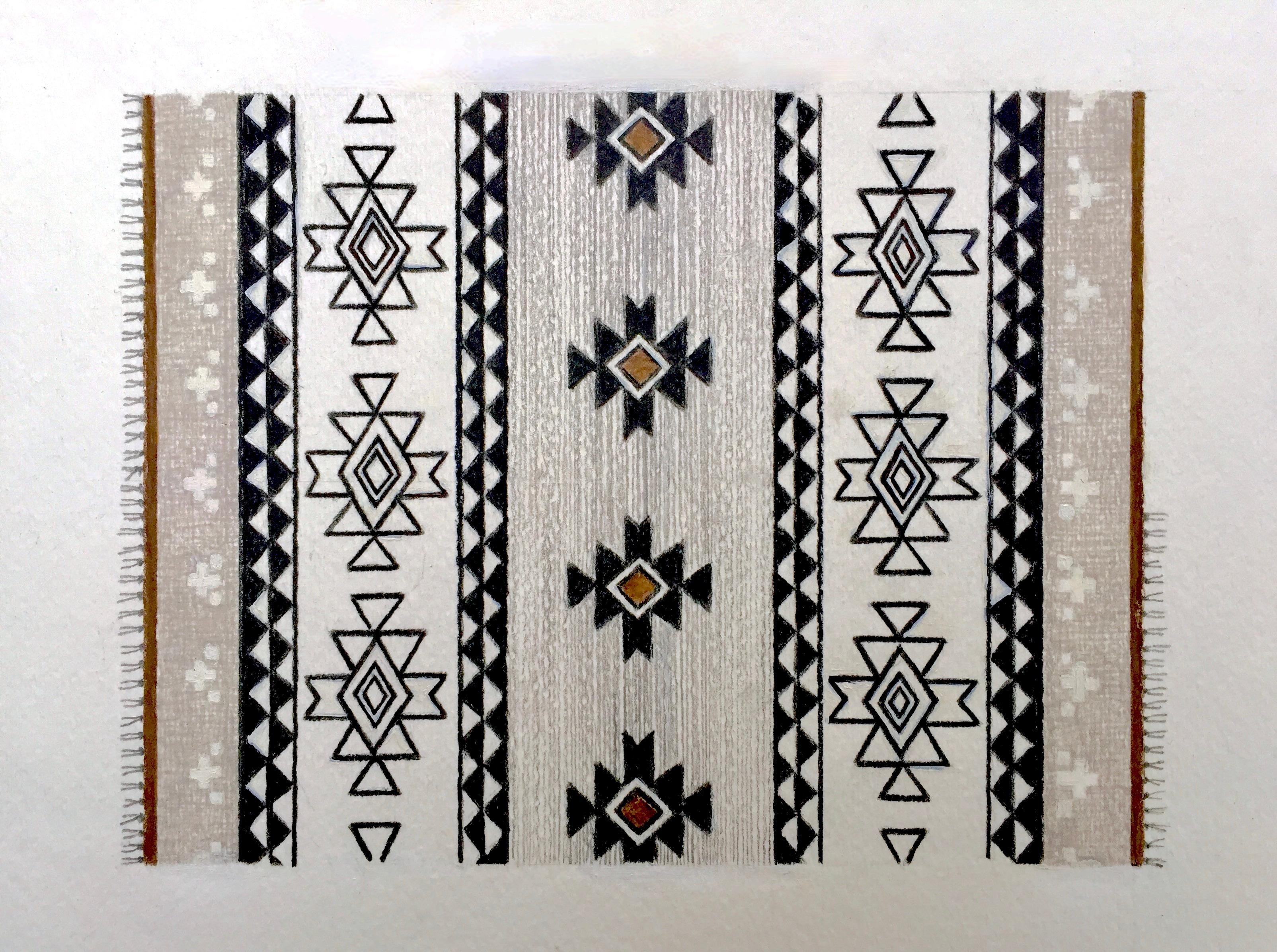 Dieses detaillierte Kunstwerk auf Papier legt den Schwerpunkt auf Design und Komposition. Ein von Navajo inspiriertes Teppichmotiv wird mit traditionellen Designelementen und einem modernen Ergebnis gestaltet. Symmetrie und geometrische Muster