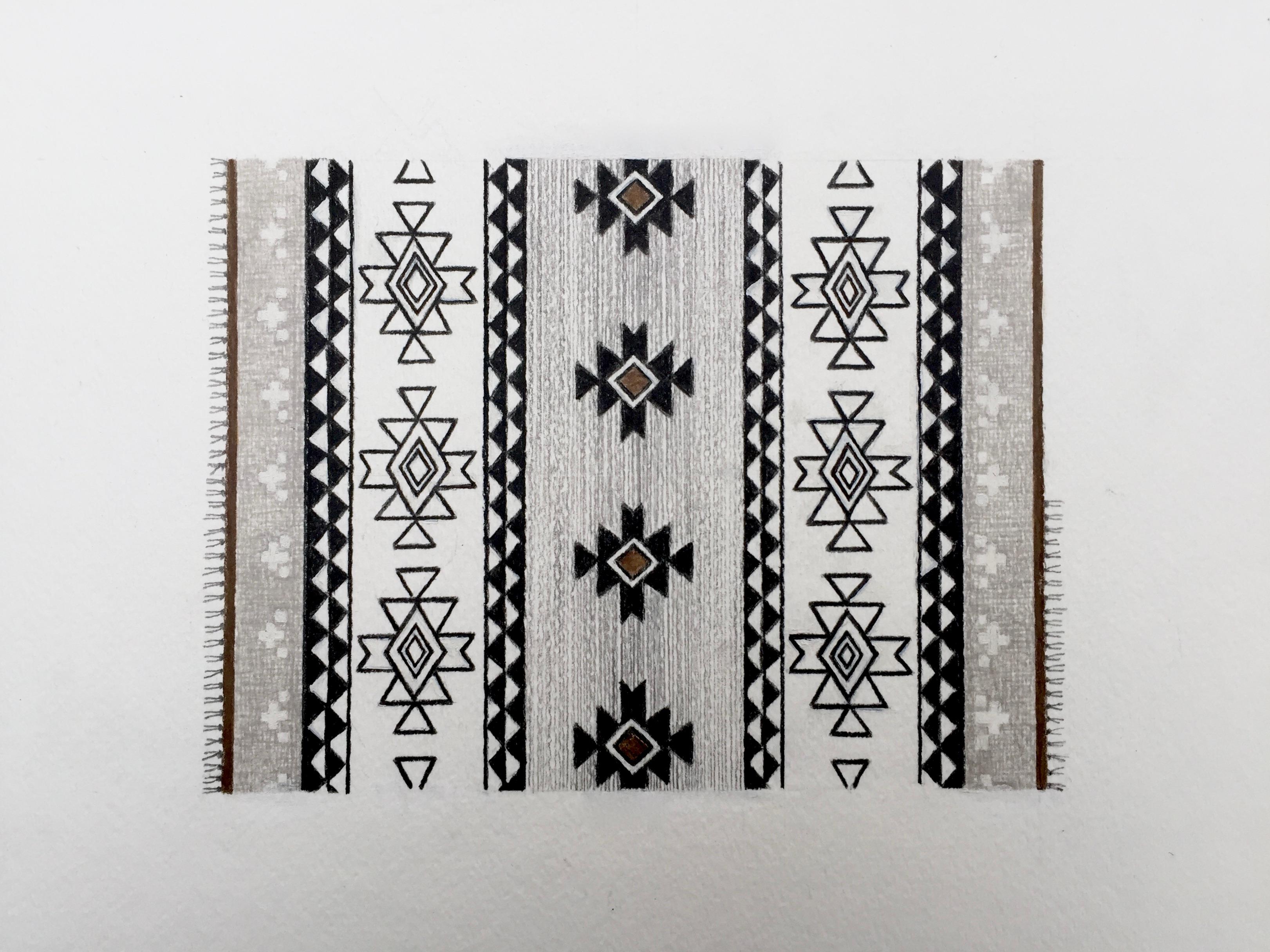 Cette œuvre d'art détaillée sur papier met l'accent sur le design et la composition. Un motif de tapis d'inspiration Navajo est créé à partir d'éléments de design traditionnels avec un résultat contemporain. La symétrie et les motifs géométriques