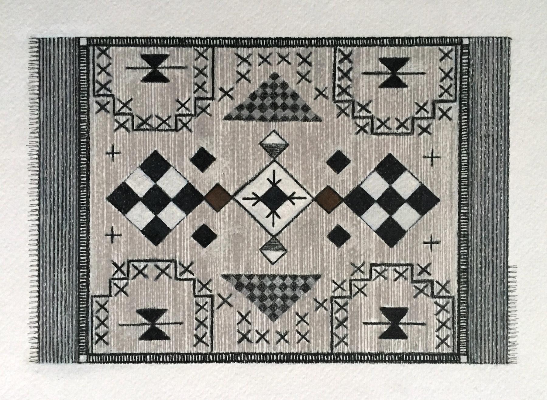 Magic Teppich Ride 3 (9"x12" Navajo-Teppich, geometrisches Muster, Schwarz, Weiß, Braun) – Art von Andrea Stajan-Ferkul