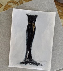 Stepping Out - 5"x7", Black Dress, Artwork On Paper, Painting, Gold Detail