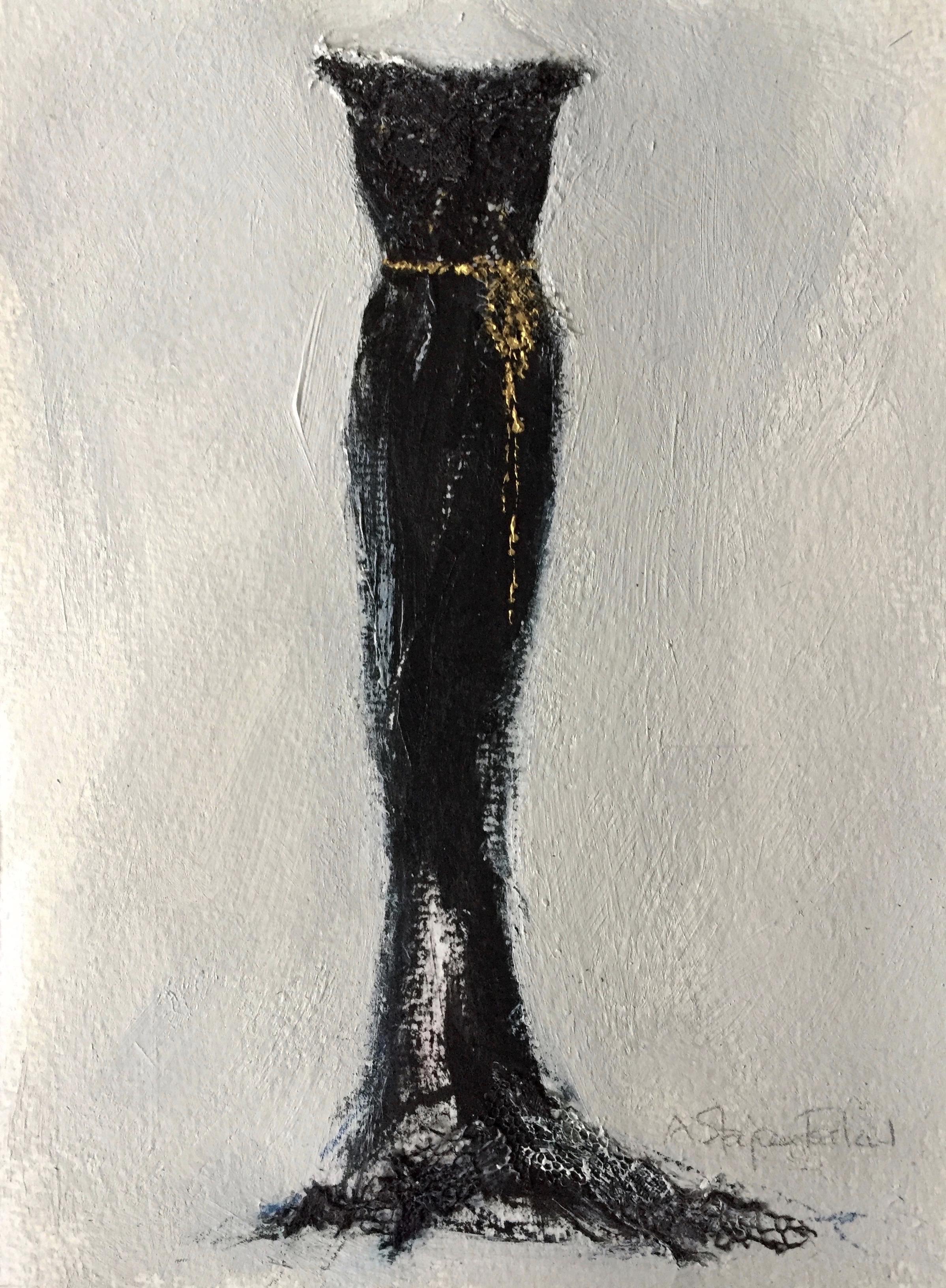 Figurative Painting Andrea Stajan-Ferkul - Black Moment - 5 "x7", peinture sur robe, détail doré, figuratif, œuvre d'art sur papier