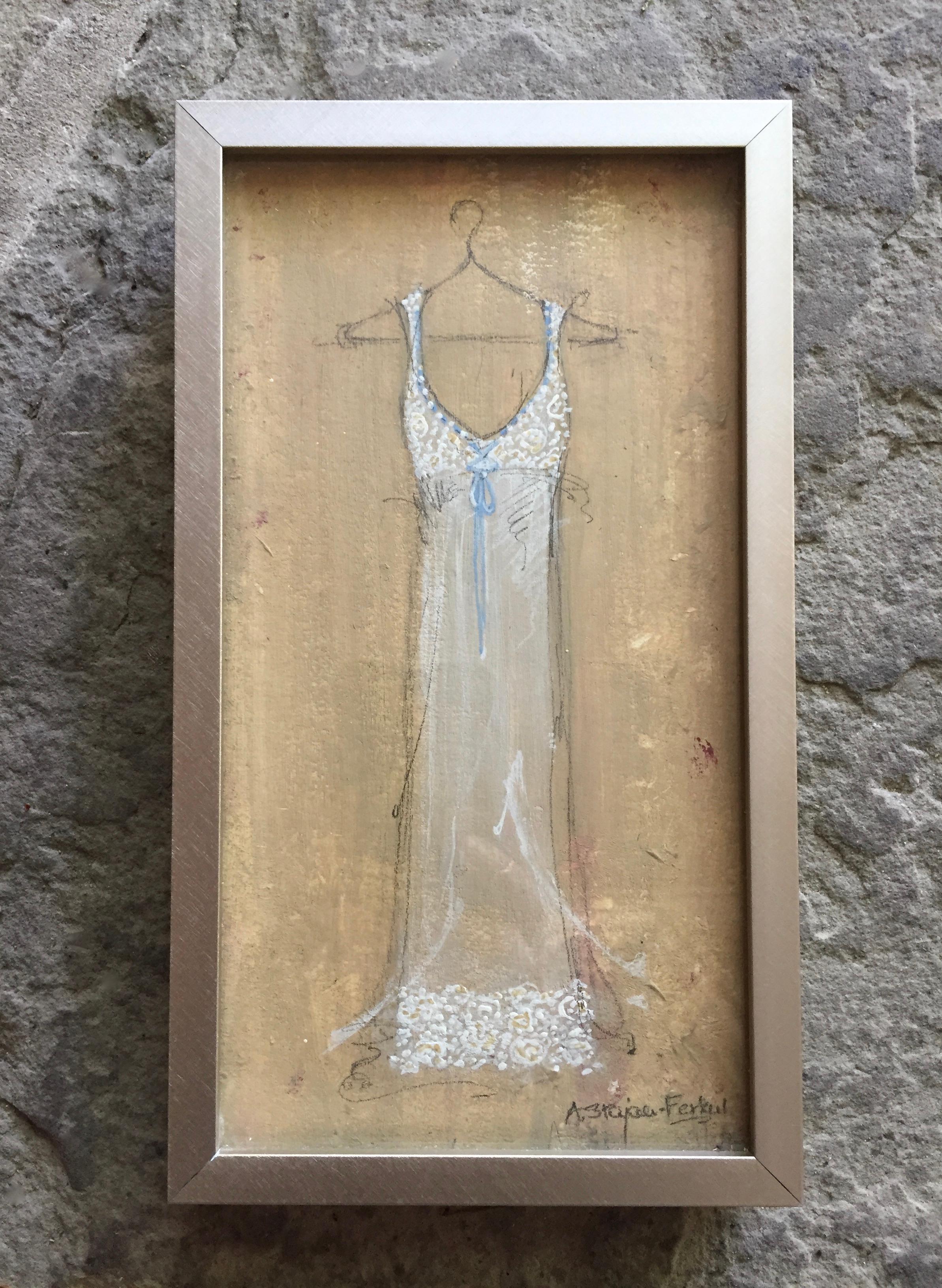 Nightie Night - 5,25" x 9,25", Original-Kunstwerk, Weiß, Beige, gerahmt