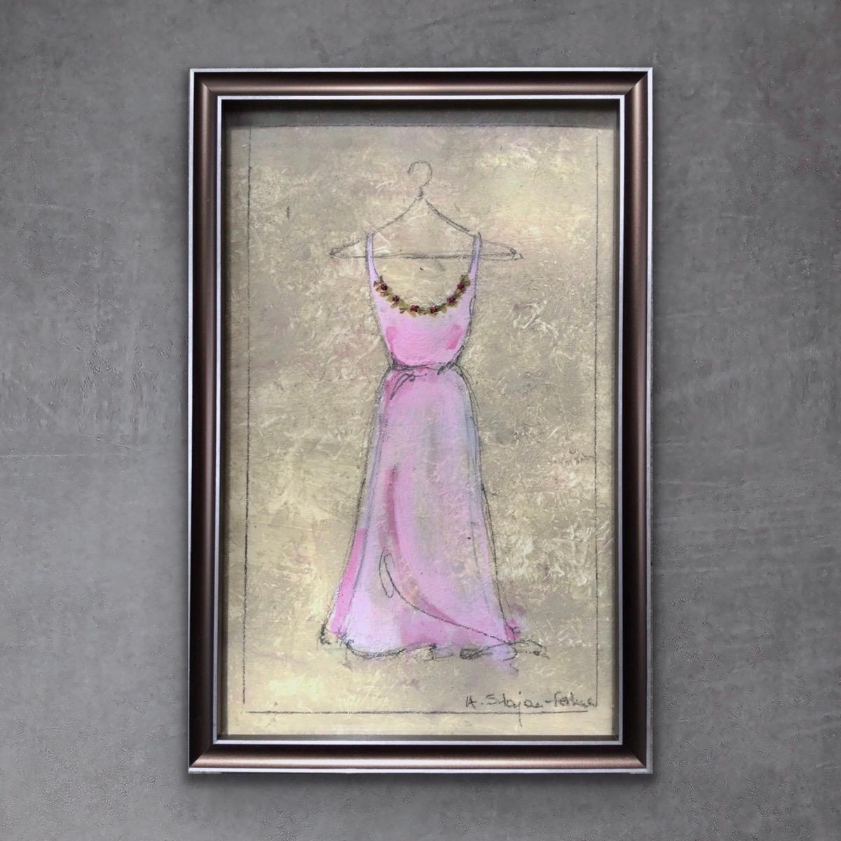 Andrea Stajan-Ferkul Figurative Painting - Pretty In Pink -1 (5.75"x8.5" - Framed Original Artwork, Dress Painting) 