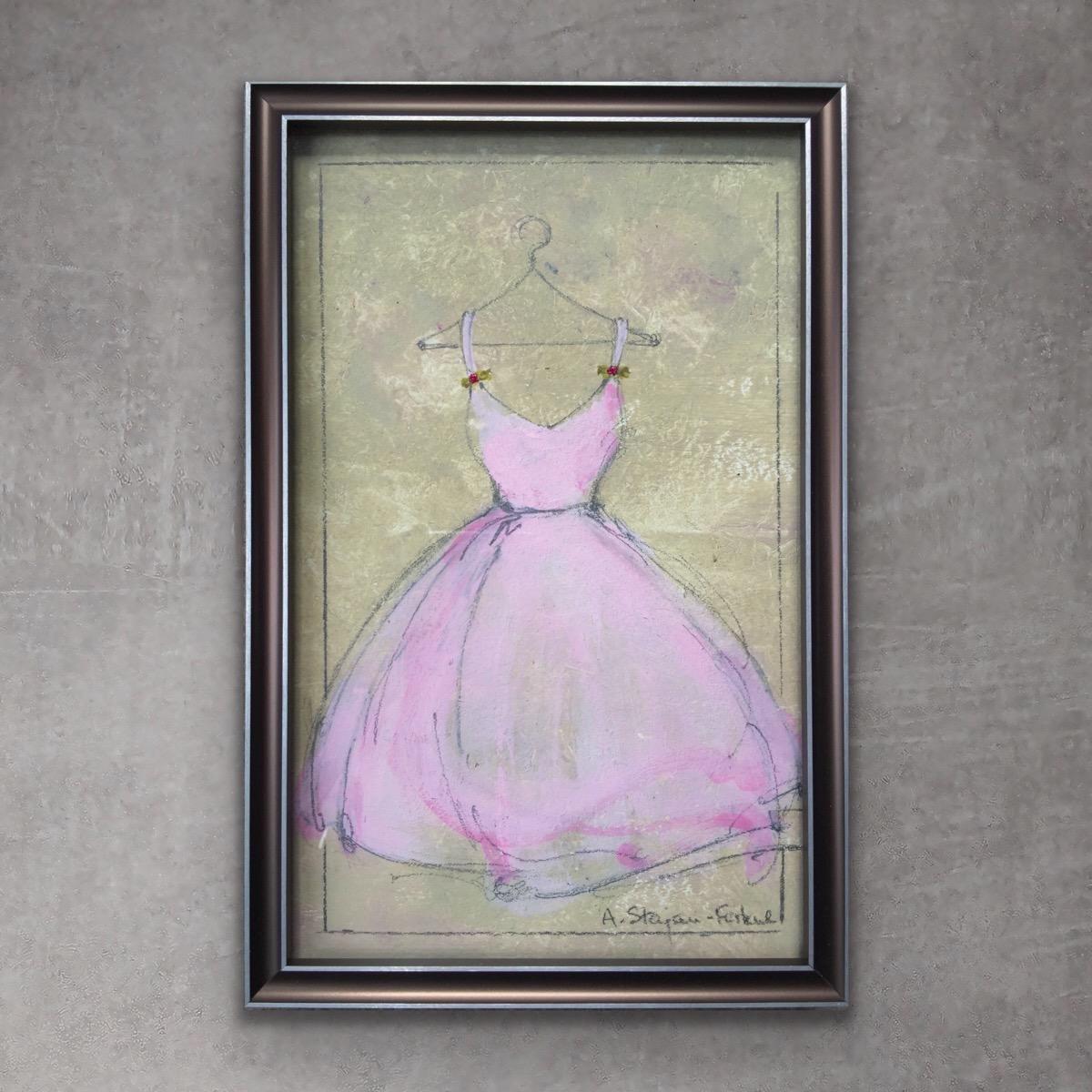 Andrea Stajan-Ferkul Figurative Painting - Pretty In Pink -2 (5.75"x8.5" - Framed Original Artwork, Dress Painting) 