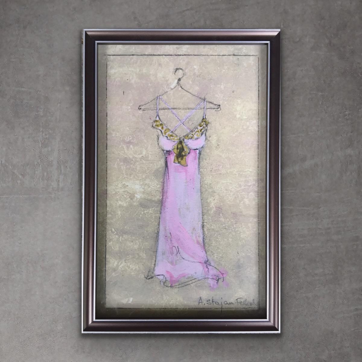 Andrea Stajan-Ferkul Figurative Art - Pretty In Pink -3 (5.75"x8.5" - Framed Original Artwork, Dress Painting) 