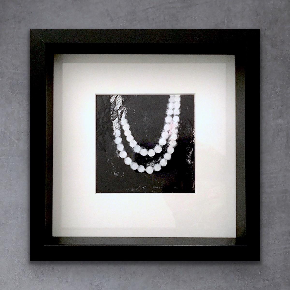 Andrea Stajan-Ferkul Figurative Painting - Pearls And Lace (black and white, 10"x10", framed)