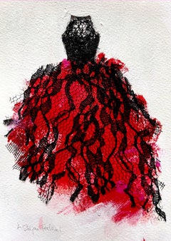 If Red Is Your Colour - 5"x7", Red Dress, Black Lace Collage, Artwork On Paper