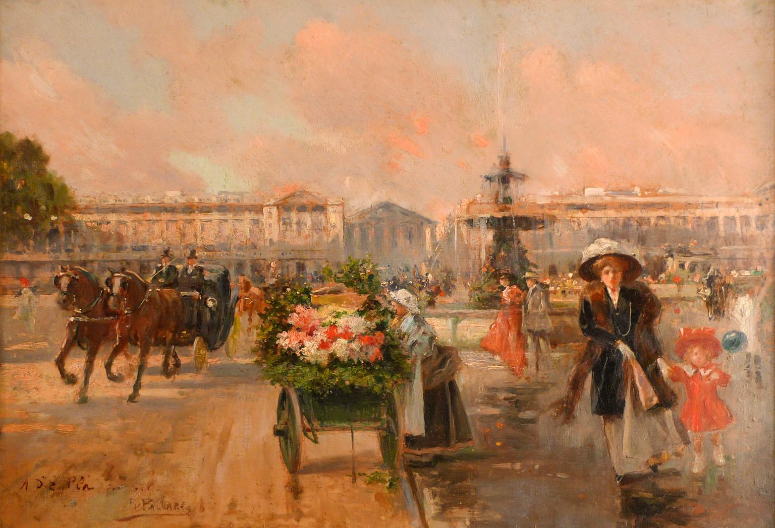 "Place de la Concorde", 19th Century oil on panel by Joaquín Pallarés Allustante