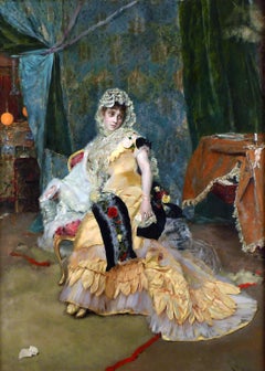"Lady in yellow", 19th Century oil on panel by Rogelio de Egusquiza y Barrena