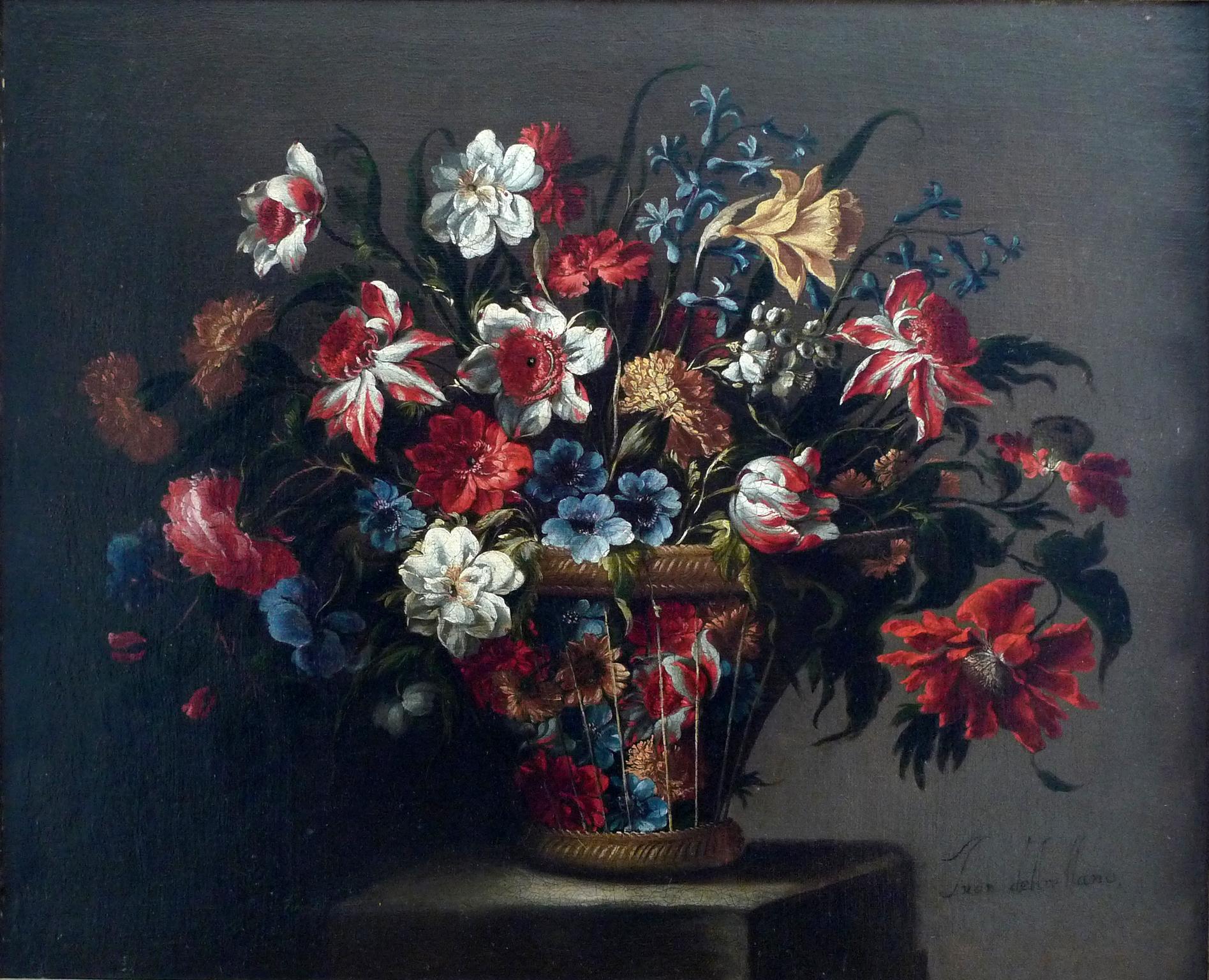 "Cesta de flores", 17th Century Oil on Canvas, Still Flowers by Juan de Arellano