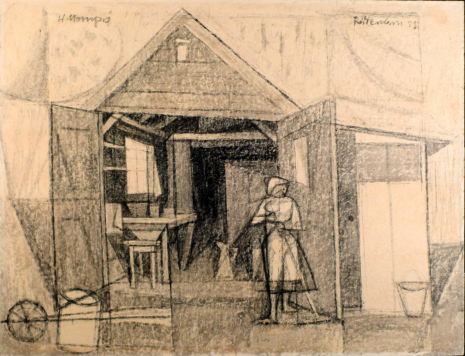 "Casa de lechera", técnica mixta sobre cartón, siglo XX, de M. Hernández Mompó