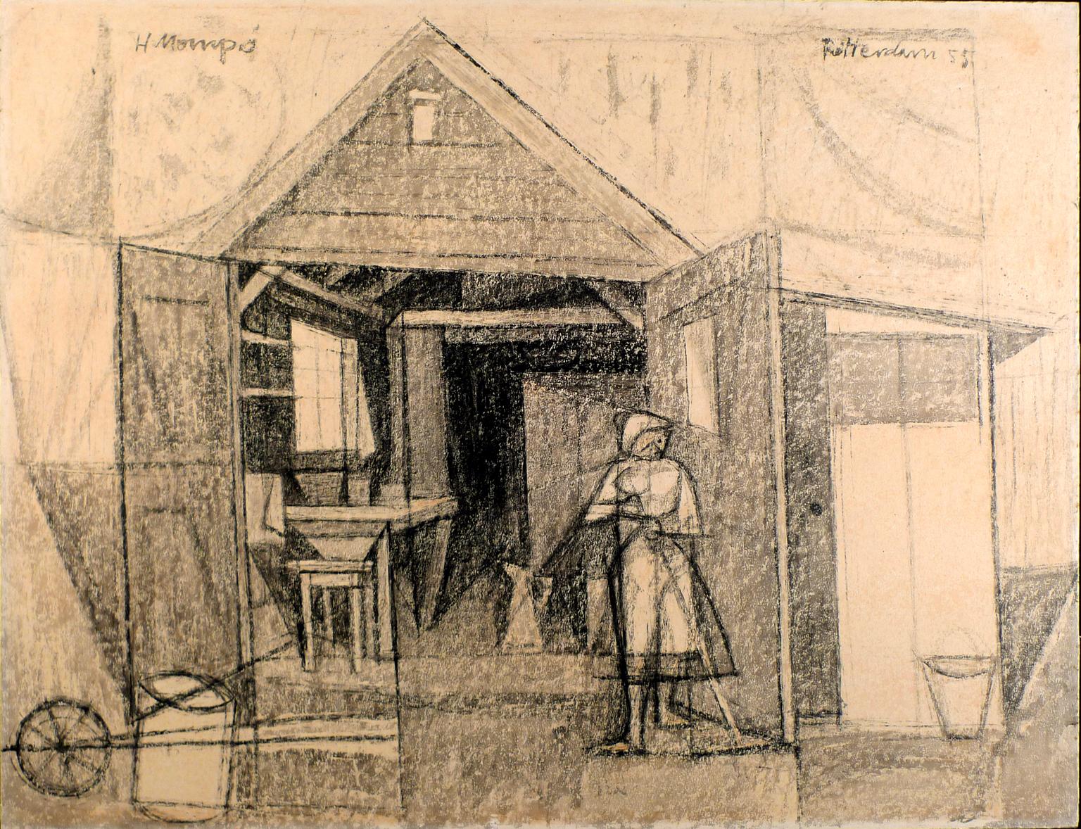 Manuel Hernández Mompó Figurative Painting - "Casa de lechera", 20th Century mixed media on cardboard by M. Hernández Mompó