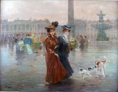 Antique "La Place de la Concorde, Paris"  19th Century oil on canvas by Félix Alarcón