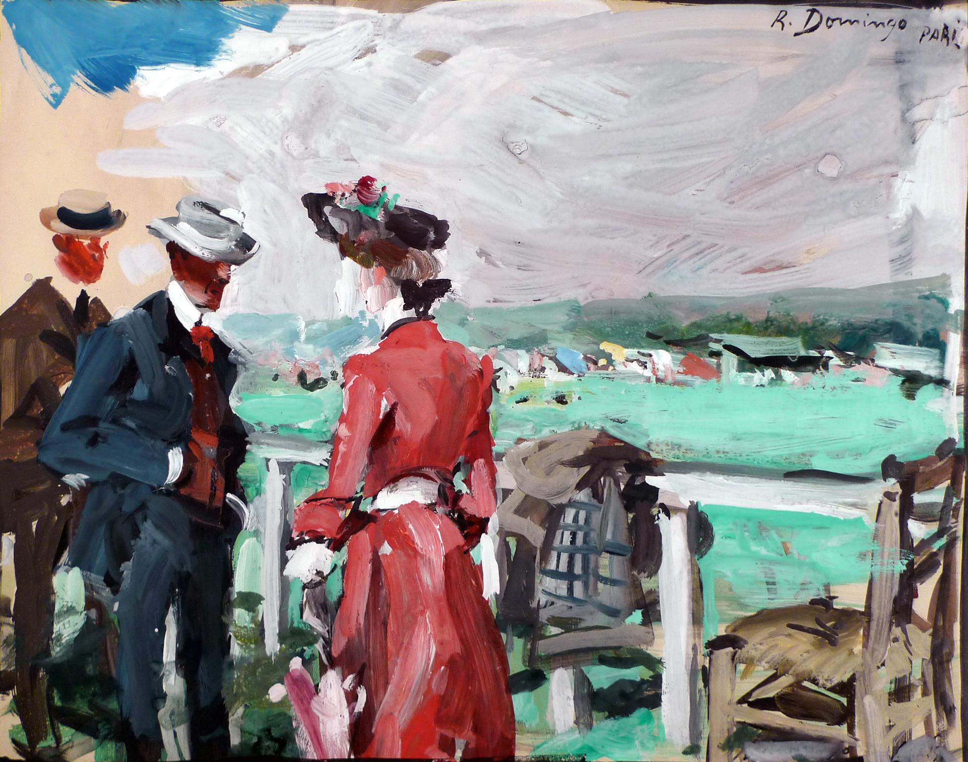 „At The Longchamp Races“, Gouache auf Papier des spanischen Künstlers Roberto Domingo – Art von Roberto Domingo Fallola