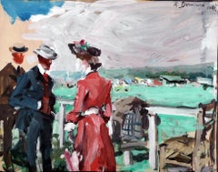 "At The Longchamp Races", Gouache on paper by Spanish Artist Roberto Domingo