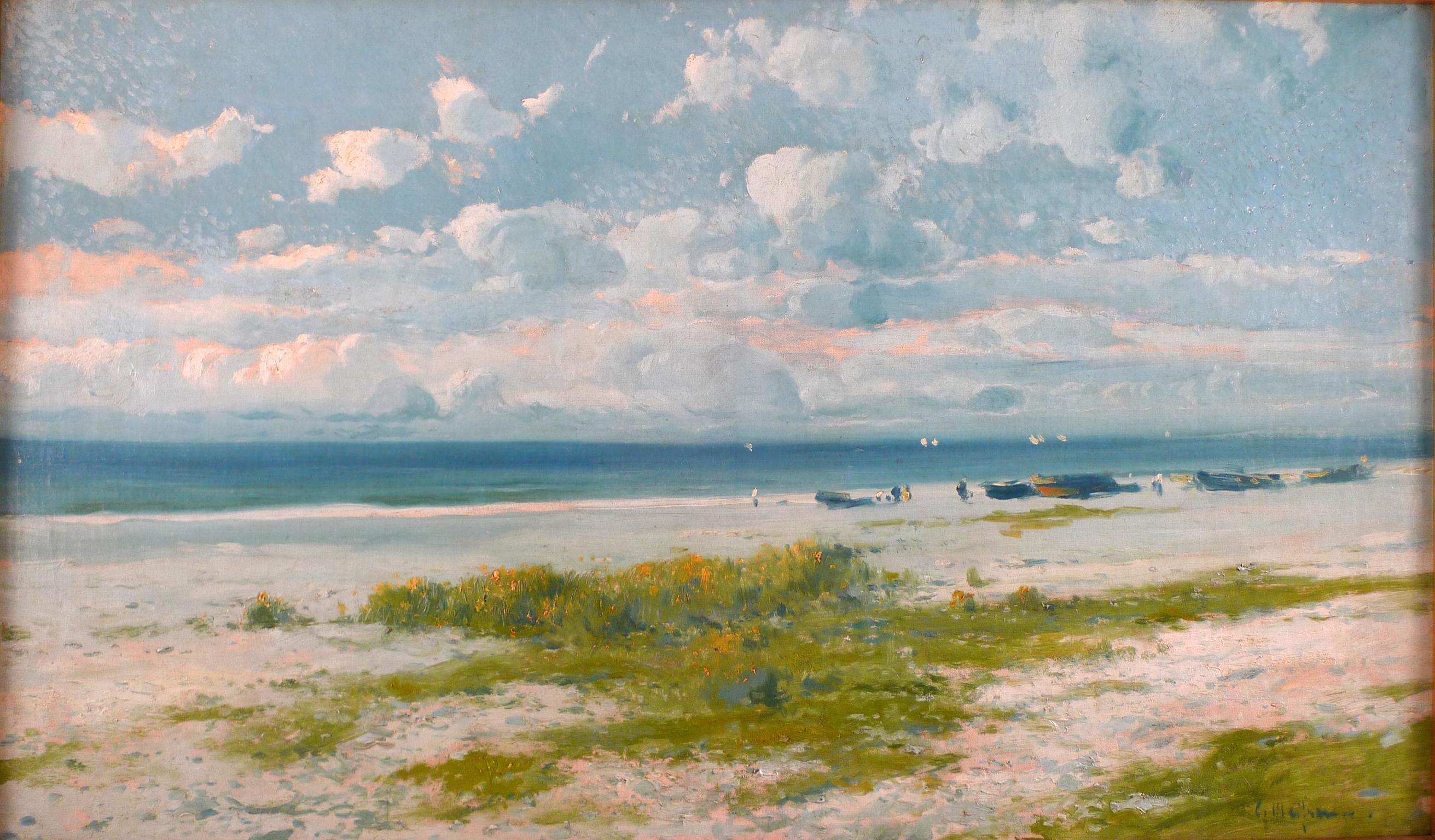 Eliseo Meifrén Roig Figurative Painting - "Boats stranded On The Beach" Early 20th Century Oil on Canvas by Eliseo Meifren