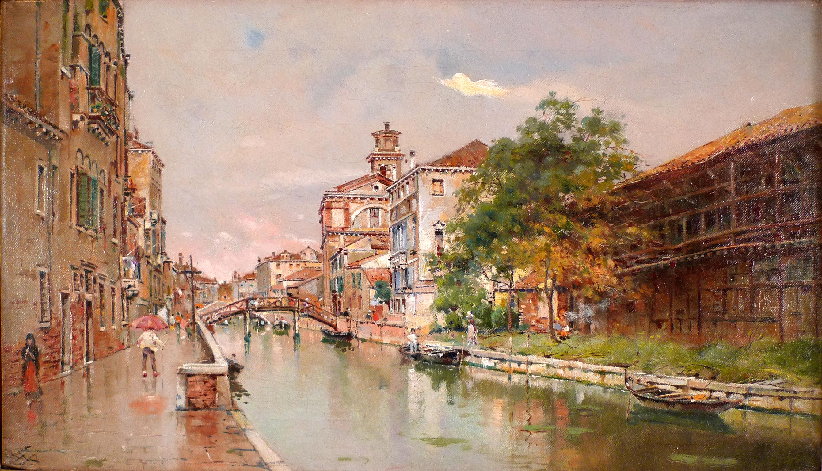 "Venetian Canal" Late 19th Century Oil on Canvas by Spanish Artist Antonio Reyna