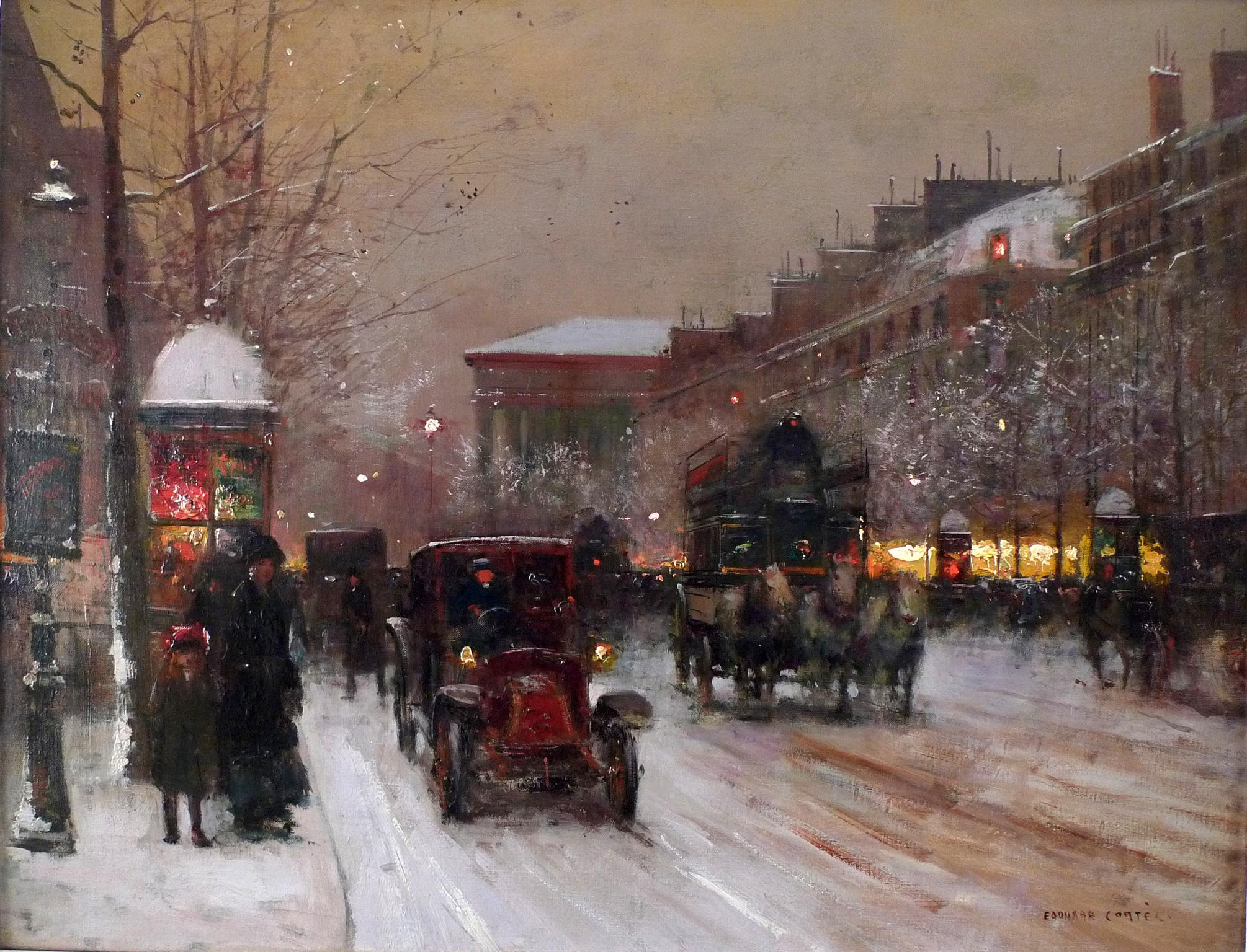 Édouard Leon Cortès Landscape Painting - "Boulevard de la Madeleine on a Snowy Day", Oil on Canvas by Édouard Cortès