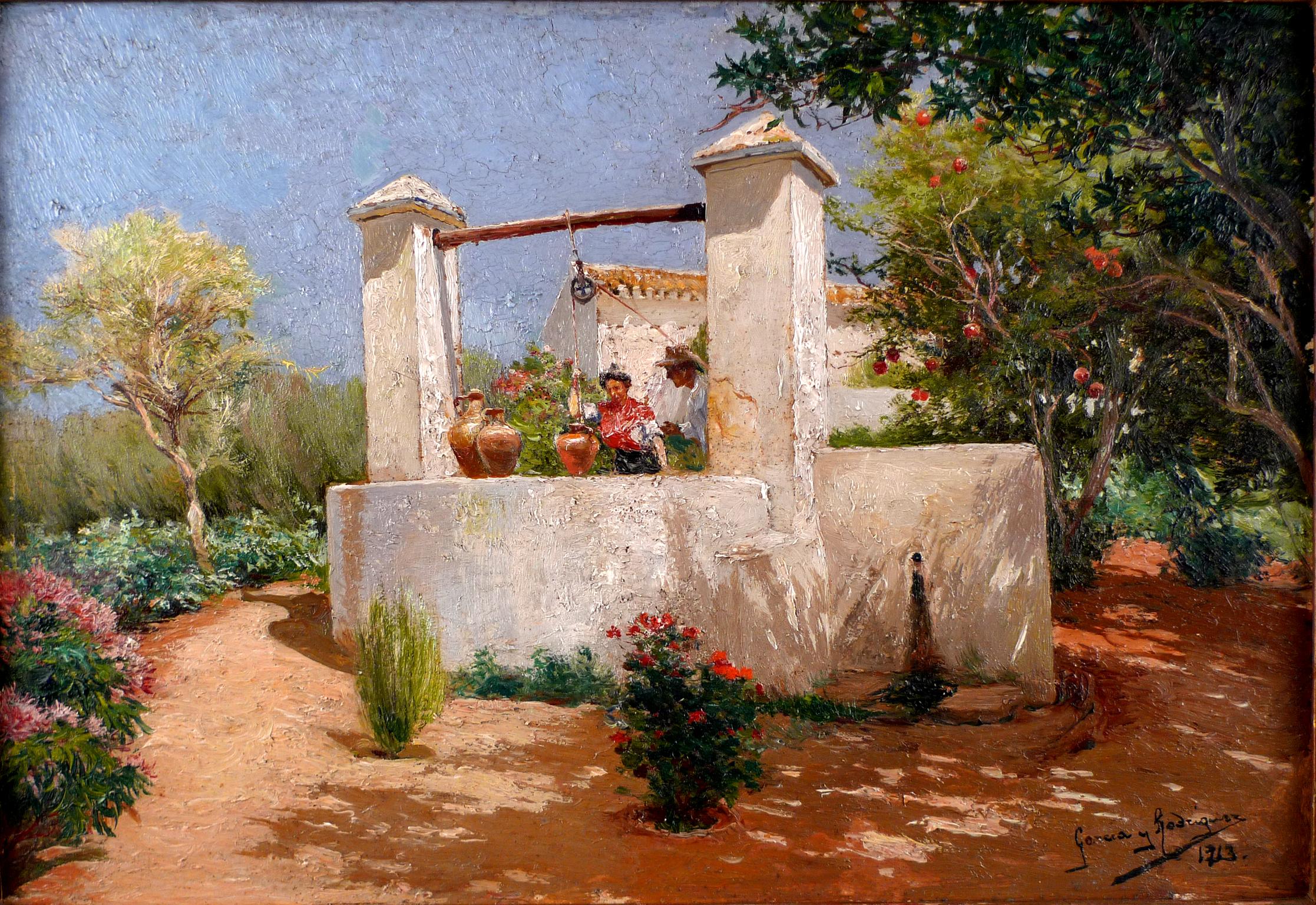 Manuel García y Rodríguez Figurative Painting - "Flirting at the Well", Early 20th Century Oil on Panel by M. García y Rodríguez