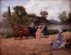 "Promenade en calèche au bord de la rivière", Huile sur toile du XIXe siècle de Francisco Miralles 