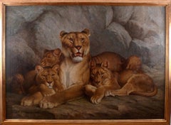 Antique "Lioness and Cubs", 19th Century Oil on Canvas by French Artist, Eugène Relin