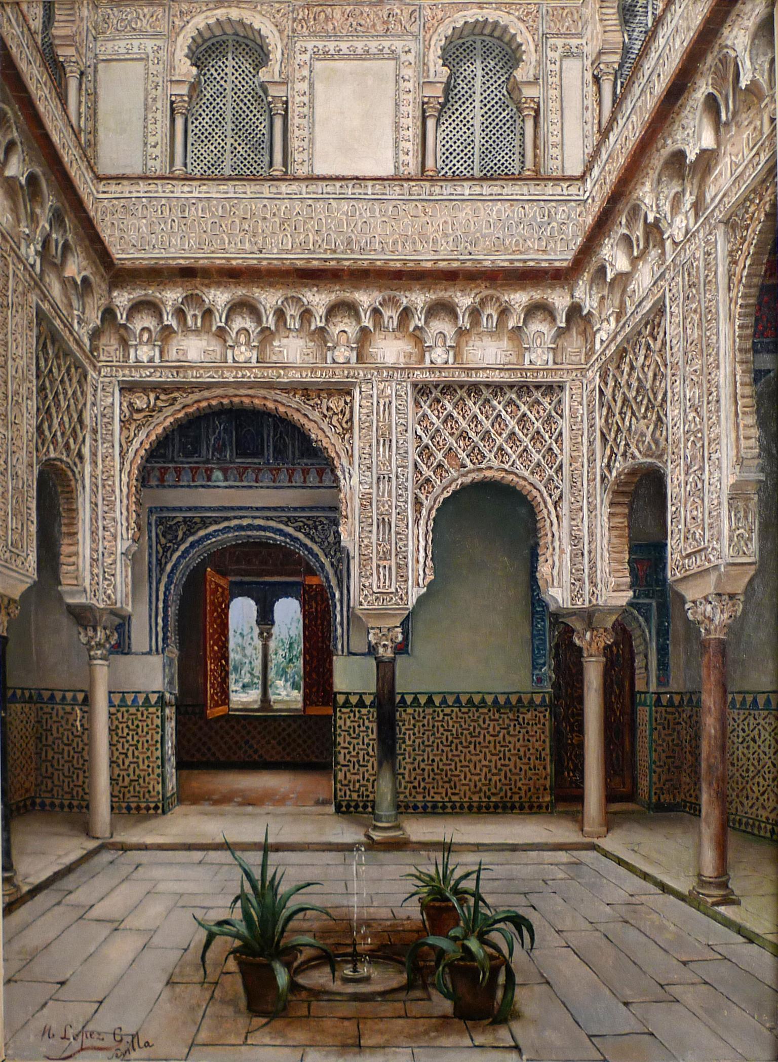 Manuel López Cantero Interior Painting - "Patio del Alcázar de Sevilla", 19th Century Oil on Canvas by M. López Cantero
