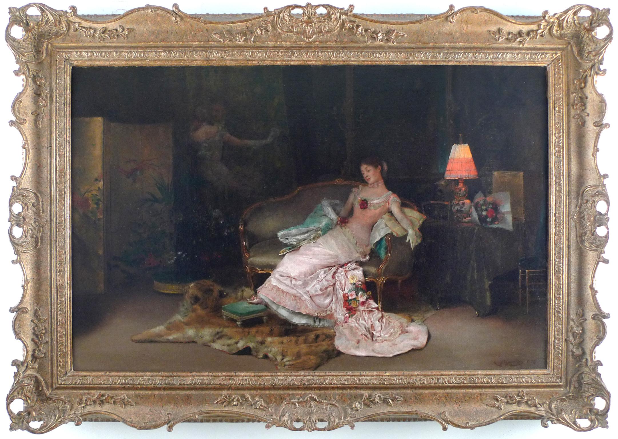 Interior Painting Rogelio de Egusquiza y Barrena - « A Reverie During The Ball », huile sur toile du XIXe siècle de Rogelio Egusquiza