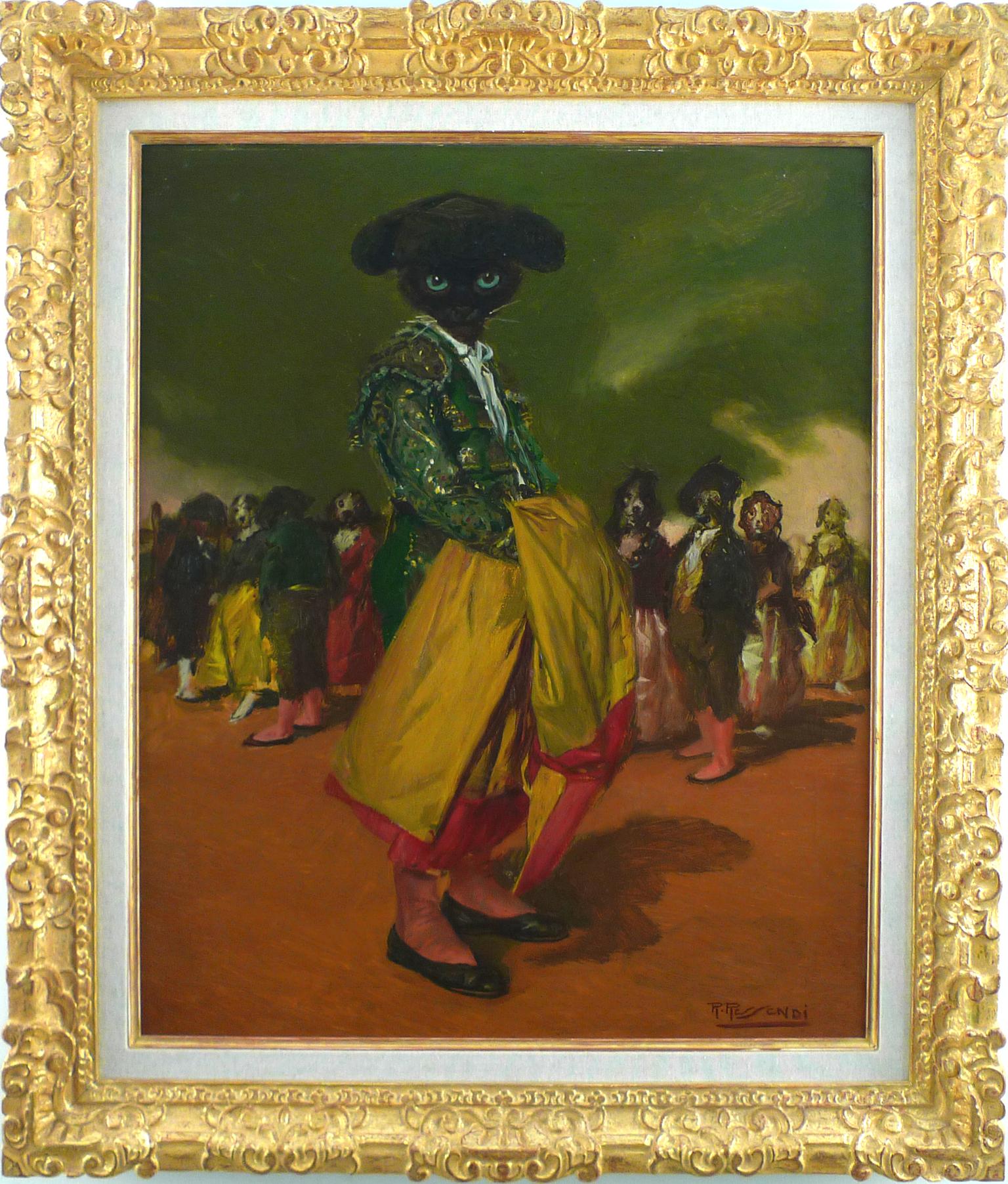 Baldomero Ressendi Animal Painting - "The Bullfighter", 20th C. Oil on Canvas, A Male Cat Dressed Up as a Bullfighter